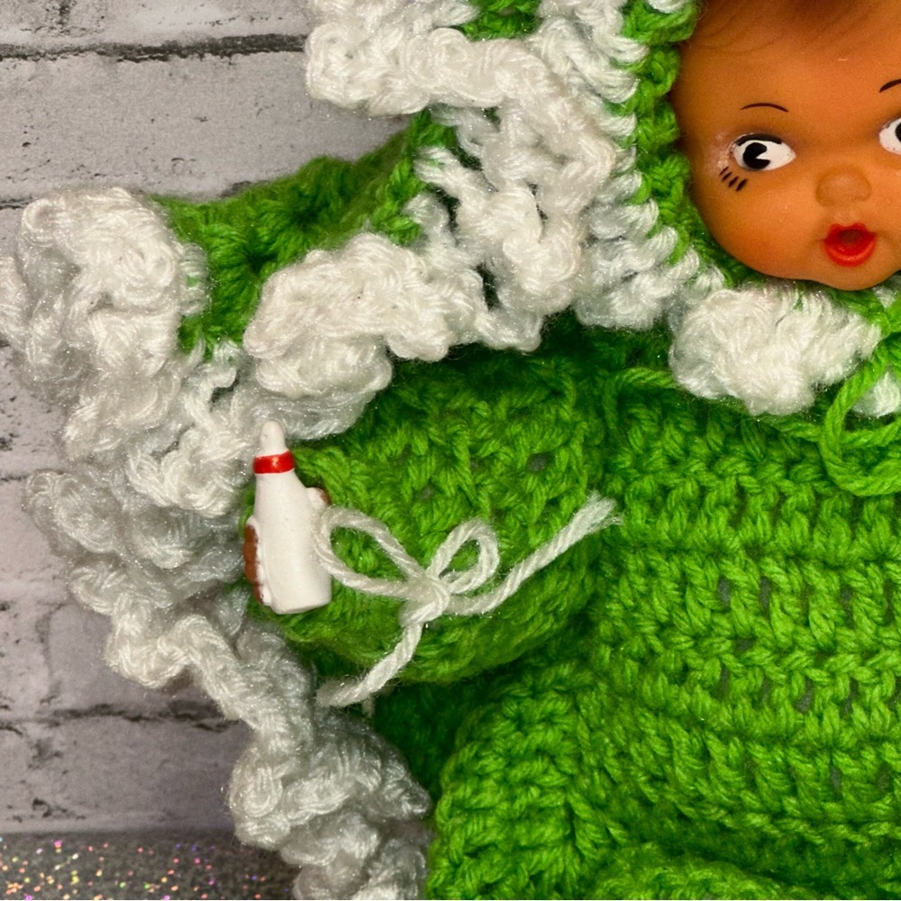 Vintage Crochet Doll Bottle Green White Thumb Sucking Blanket Handmade - Picture 3 of 13